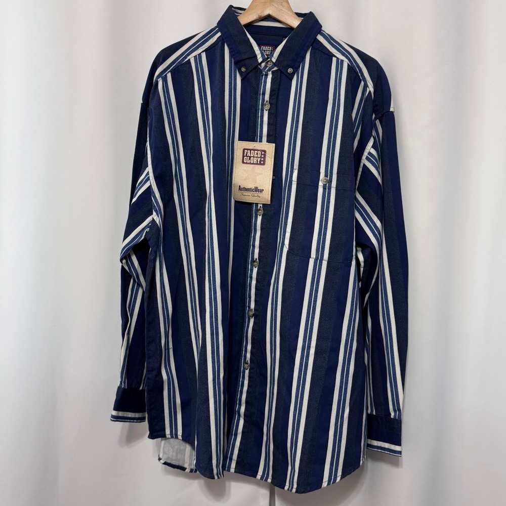 Faded Glory Mens XL Storm Blue Striped Button Down Shirt 100% Cotton FG 8646 NWT